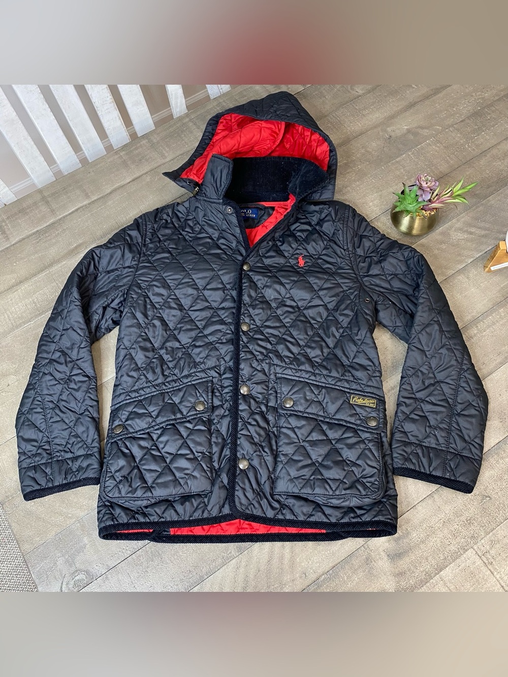 Polo Ralph Lauren Boys Black Diamond Quilted Jacket Red Lining Hooded Size 10